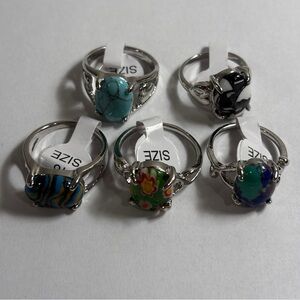Collection of 5 Silver-Tone Costume Jewelry Rings with Glass Gemstone Accents